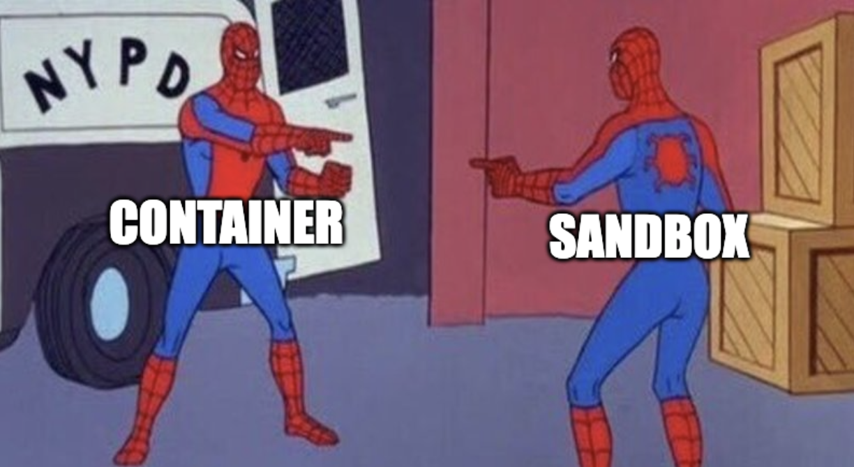'Spiderman pointing' meme about the confusion between Sandbox and Containers
