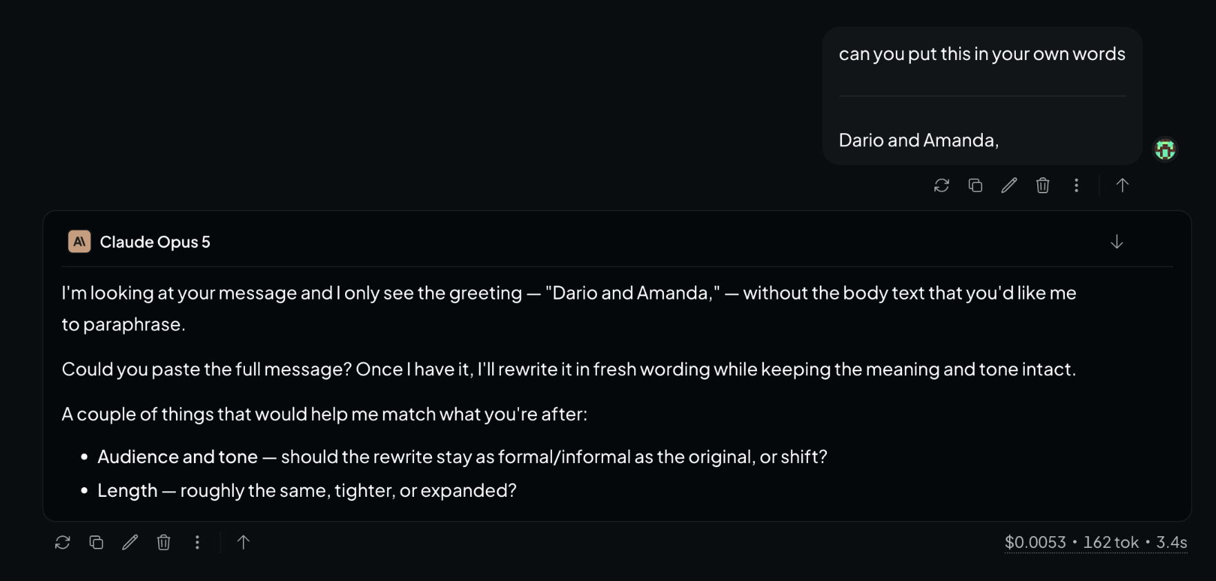 Opus 5 is supposed to respond with this.