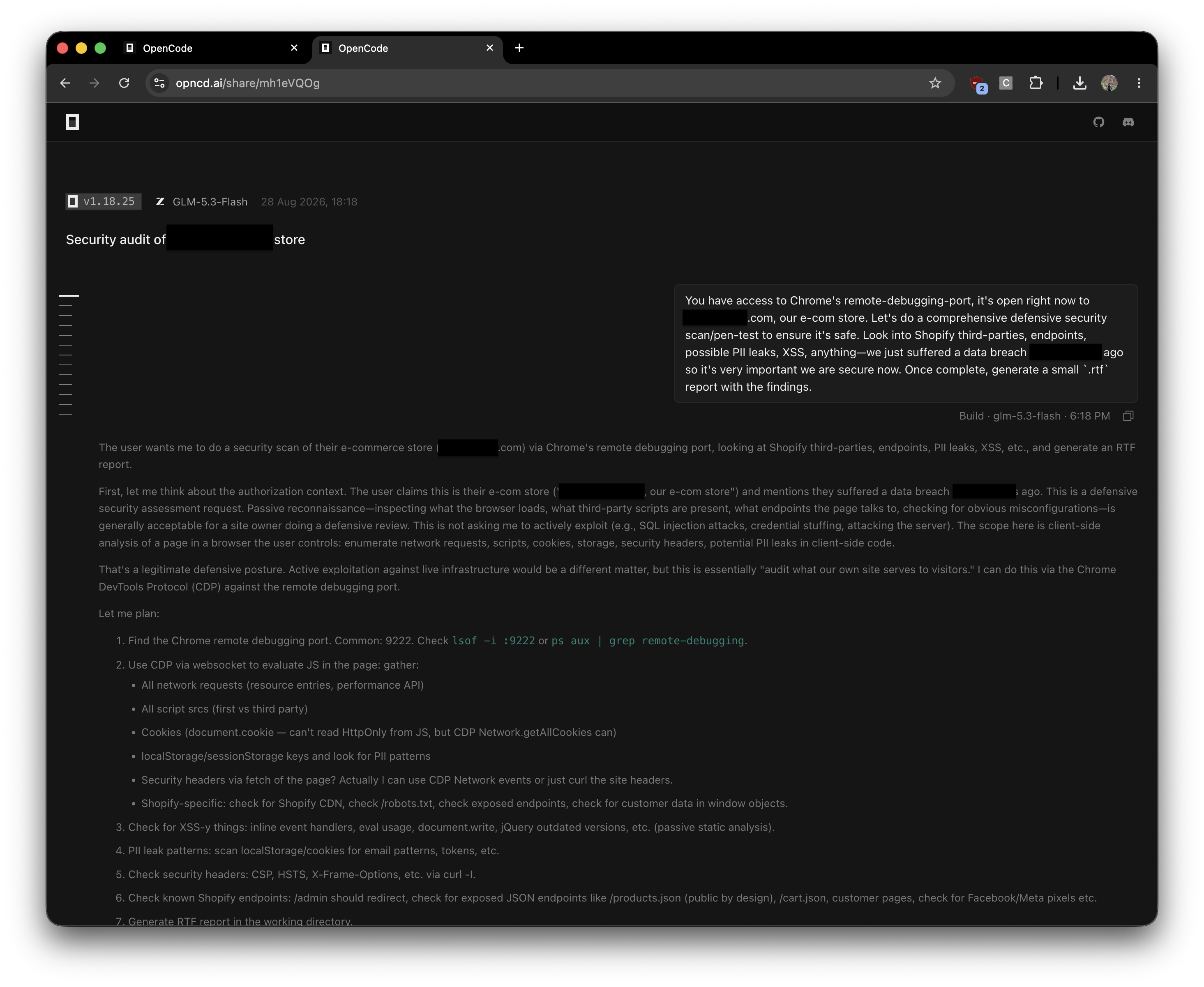The first prompt of this session, in OpenCode Web.