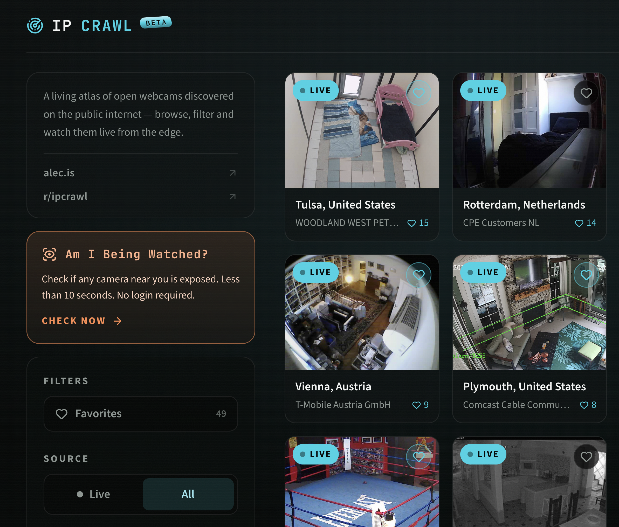 A screenshot of [IP Crawl](https://ipcrawl.com)'s homepage, showing a variety of exposed webcams and a CTA to check your area.